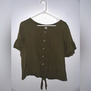 Crop top short sleeve shirt with tie, XL, olive green